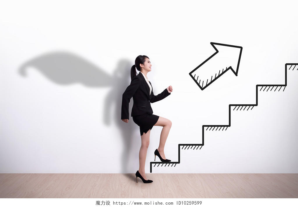 白底图上的职业女性上楼梯提升箭头提升提高上涨